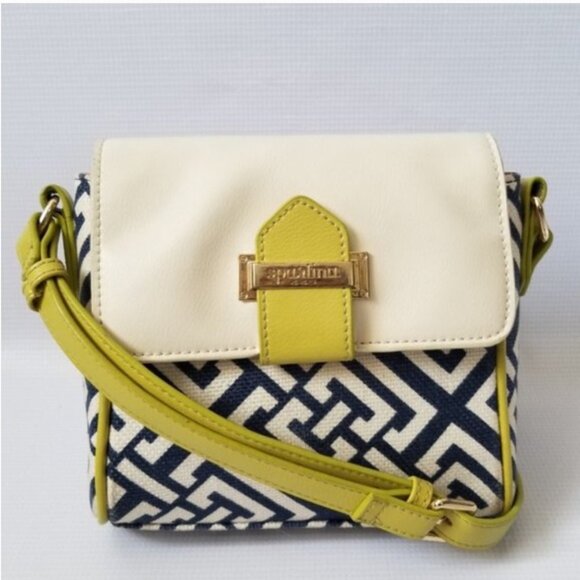 Spartina 449 Handbags - Spartina 449 Leather Crossbody, Blue on Cream Geometric Design, Lime Green Trim